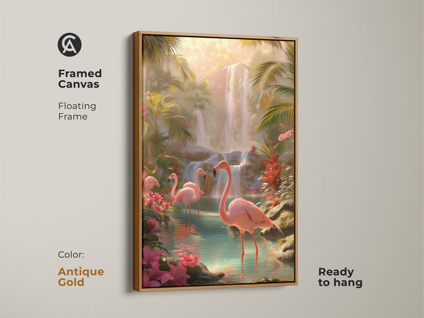 Framed canvas art with an antique gold floating frame showing tropical flamingos and a waterfall. This botanical nature artwork enhances any room. The serene waterfall print is ideal for creating a relaxing atmosphere.