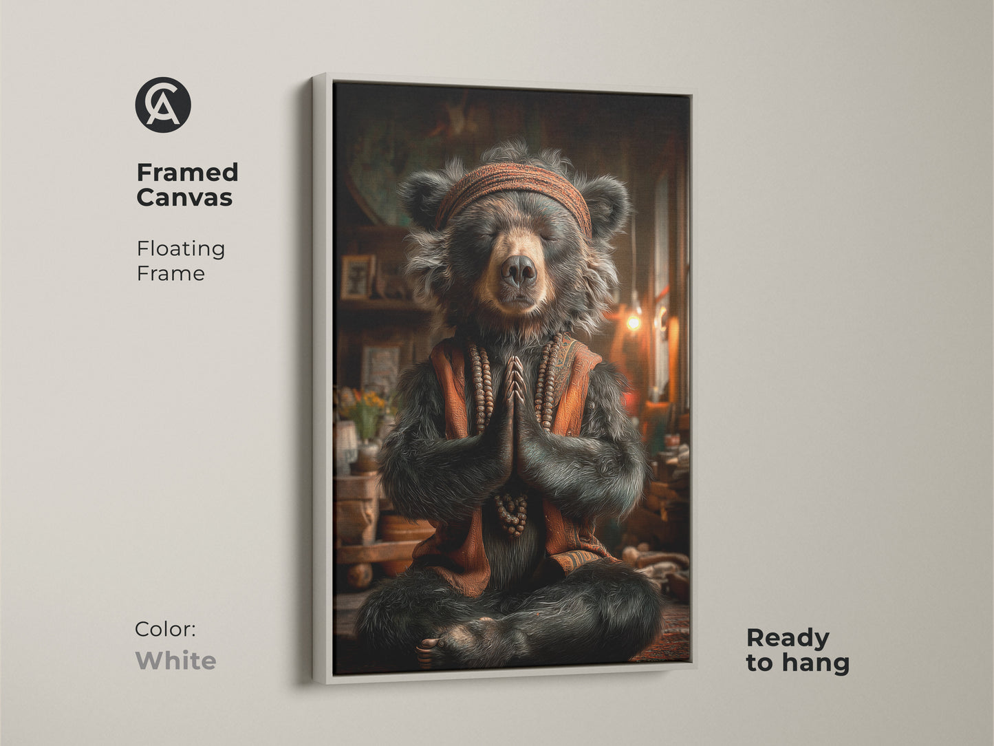 Framed Canvas in a white floating frame features a bear in meditation. This serene artwork is ready to hang. Great addition to any zen space. Perfect gift for meditation and yoga enthusiasts.