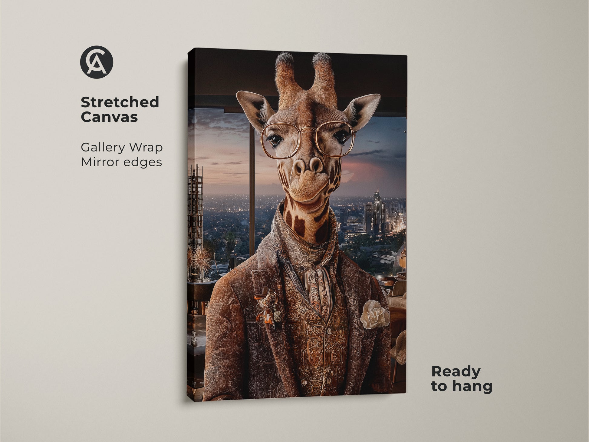 Stretched canvas of a sophisticated giraffe in suit against a city view. A gallery wrap showcases mirror edges on this anthropomorphic animal print. The art is ready to hang offering eclectic modern charm.