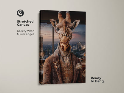 Stretched canvas of a sophisticated giraffe in suit against a city view. A gallery wrap showcases mirror edges on this anthropomorphic animal print. The art is ready to hang offering eclectic modern charm.