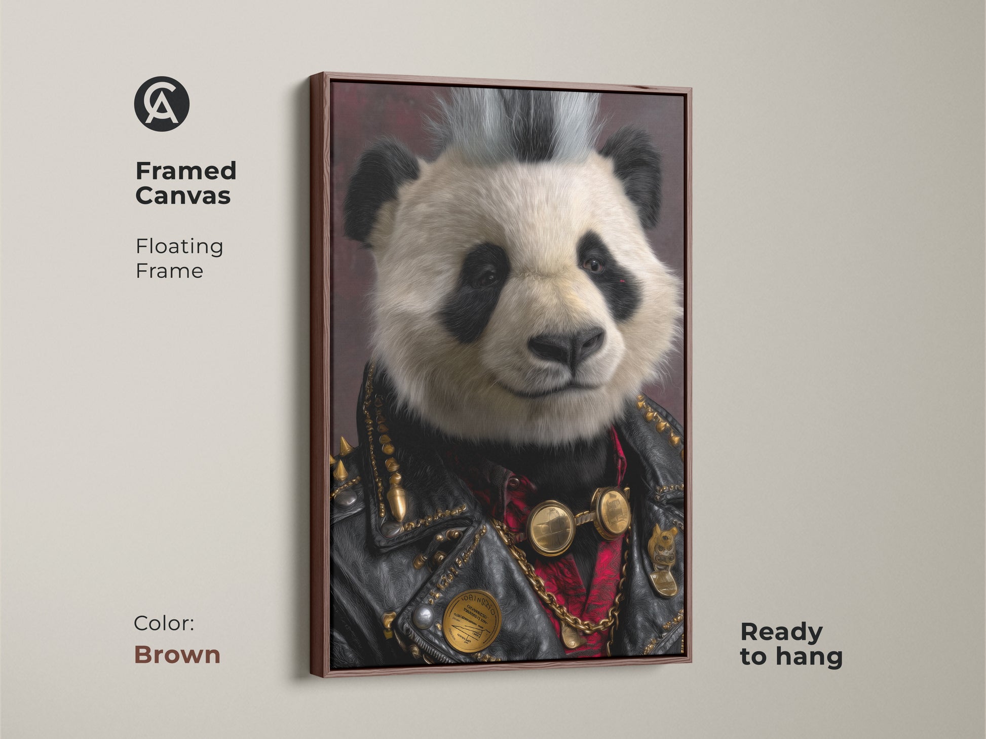 Framed Canvas of the Punk Rock Panda with a brown floating frame. A gothic panda print adds a unique touch to any living space. It's ideal for those seeking alternative music decor. The brown frame makes this art even more warm and inviting.