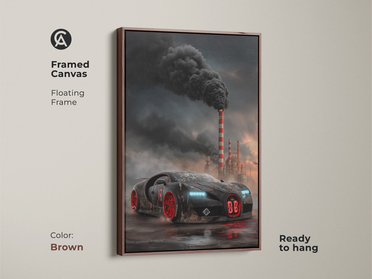 A framed canvas shows cyberpunk supercar artwork. The dark industrial car print features a black and red vehicle and smokestacks. It has a floating brown frame. The car art is ready to hang. It's automotive office art or garage man cave decor. The futuristic supercar poster adds an edgy vibe.
