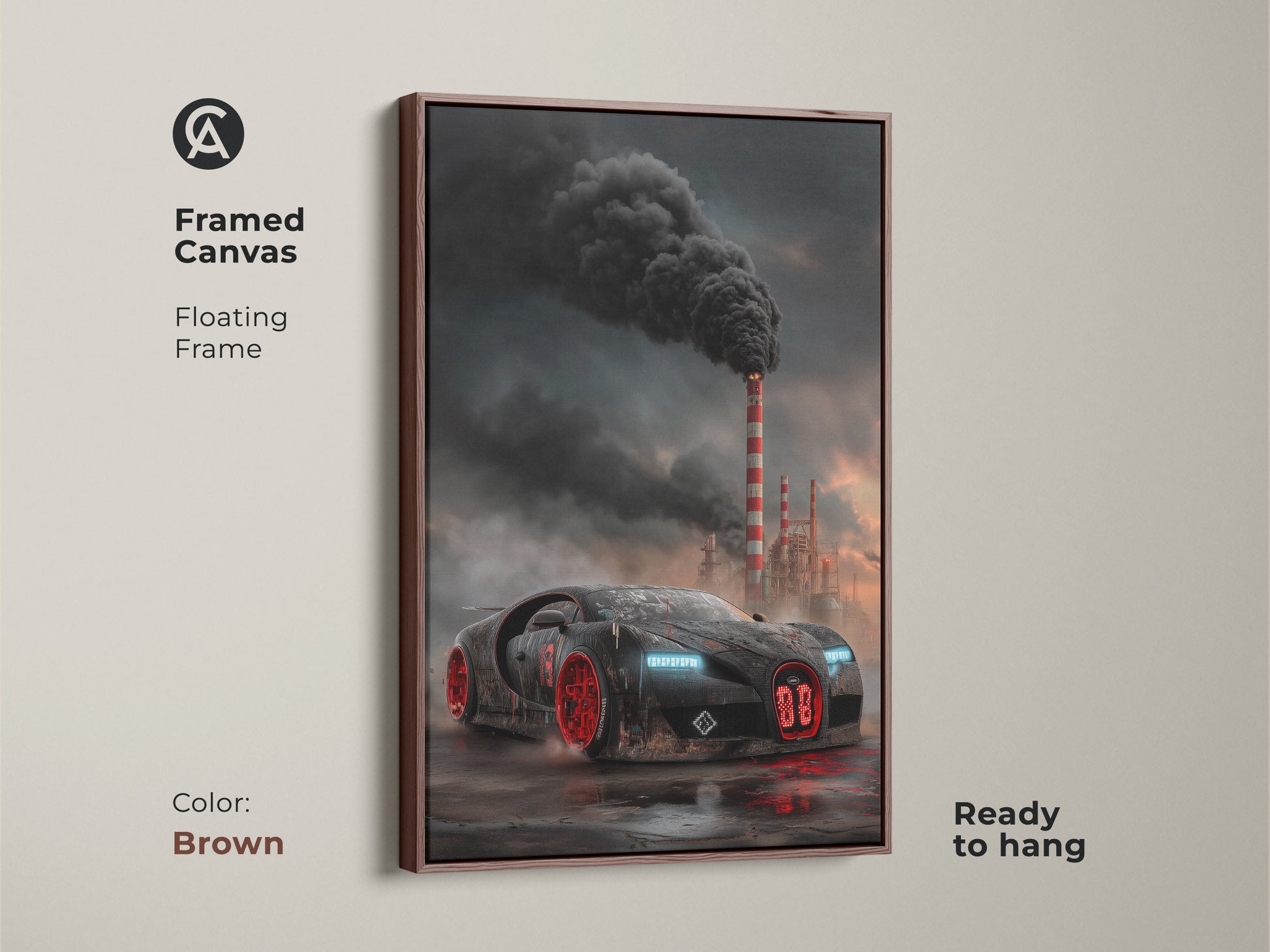 A framed canvas shows cyberpunk supercar artwork. The dark industrial car print features a black and red vehicle and smokestacks. It has a floating brown frame. The car art is ready to hang. It's automotive office art or garage man cave decor. The futuristic supercar poster adds an edgy vibe.