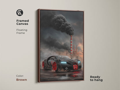 A framed canvas shows cyberpunk supercar artwork. The dark industrial car print features a black and red vehicle and smokestacks. It has a floating brown frame. The car art is ready to hang. It's automotive office art or garage man cave decor. The futuristic supercar poster adds an edgy vibe.