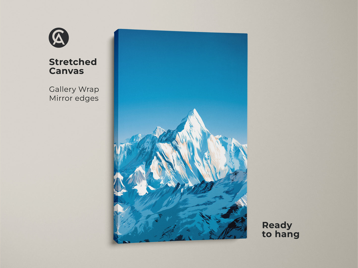 Stretched canvas print showcasing a mountain range. Snowy peak wall art decor with a deep blue sky landscape. Ready to hang modern artwork for a bedroom. A perfect gift for outdoor lovers.