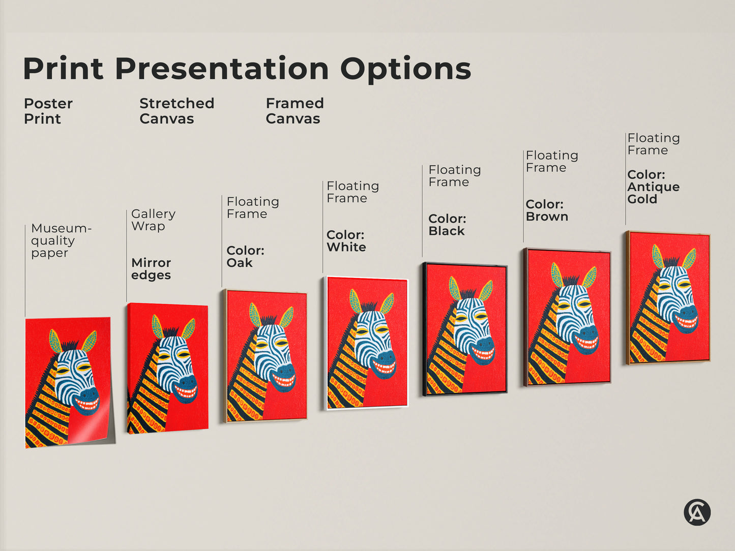 Presentation options for abstract zebra artwork. Choose from poster prints stretched canvases or framed canvas. Find your perfect folk style animal wall decor. With museum quality paper and floating frames available. Add red blue and yellow to your space
