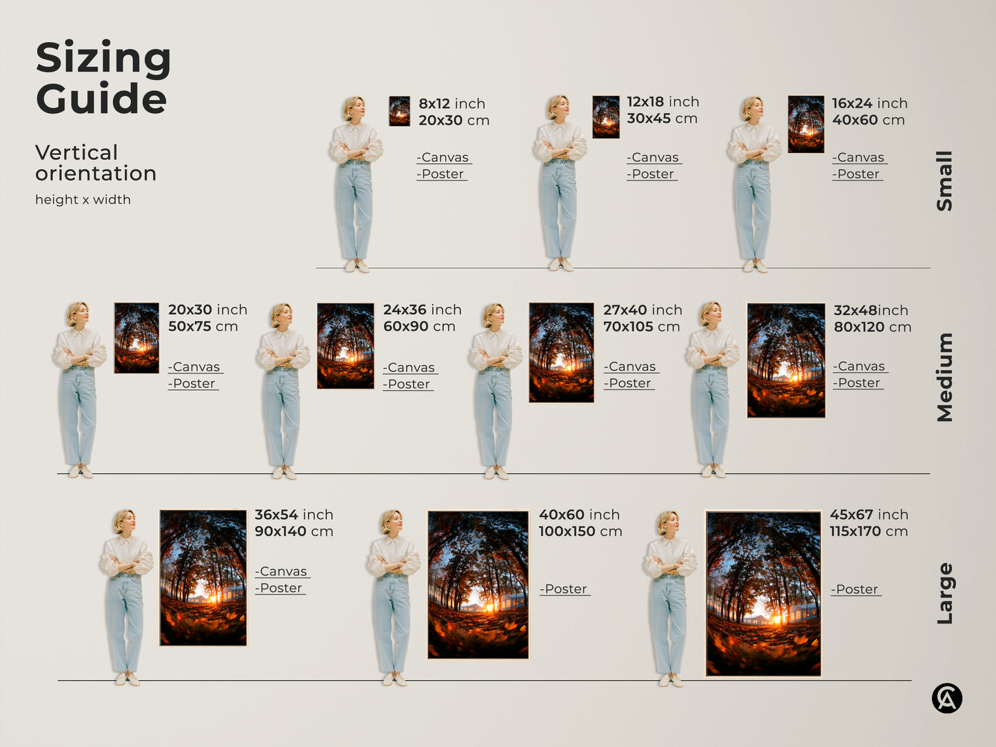 Sizing guide for vertical orientation of the forest sunset artwork. Available in small medium and large sizes. Canvas and poster options are shown with model. Find the perfect size for your space with our art.