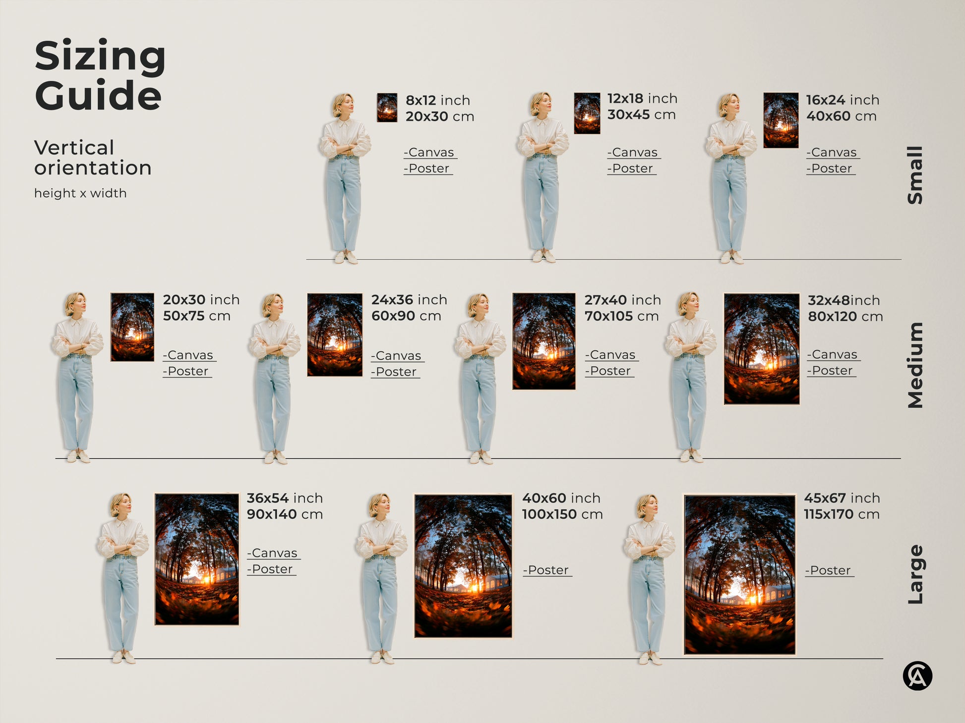 Sizing guide for vertical orientation of the forest sunset artwork. Available in small medium and large sizes. Canvas and poster options are shown with model. Find the perfect size for your space with our art.