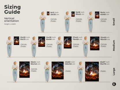 Sizing guide for vertical orientation of the forest sunset artwork. Available in small medium and large sizes. Canvas and poster options are shown with model. Find the perfect size for your space with our art.