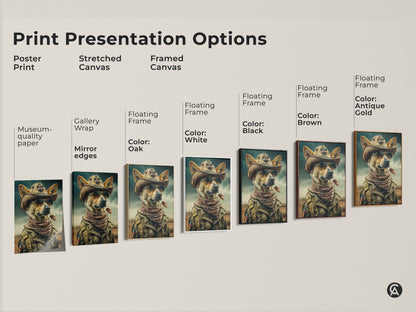 Explore print options with this cowboy dog artwork. This canvas features a cowboy dog in various frames. Find museum-quality paper posters and stretched canvas gallery wraps. This is cool dog art for any space from poster to canvas.