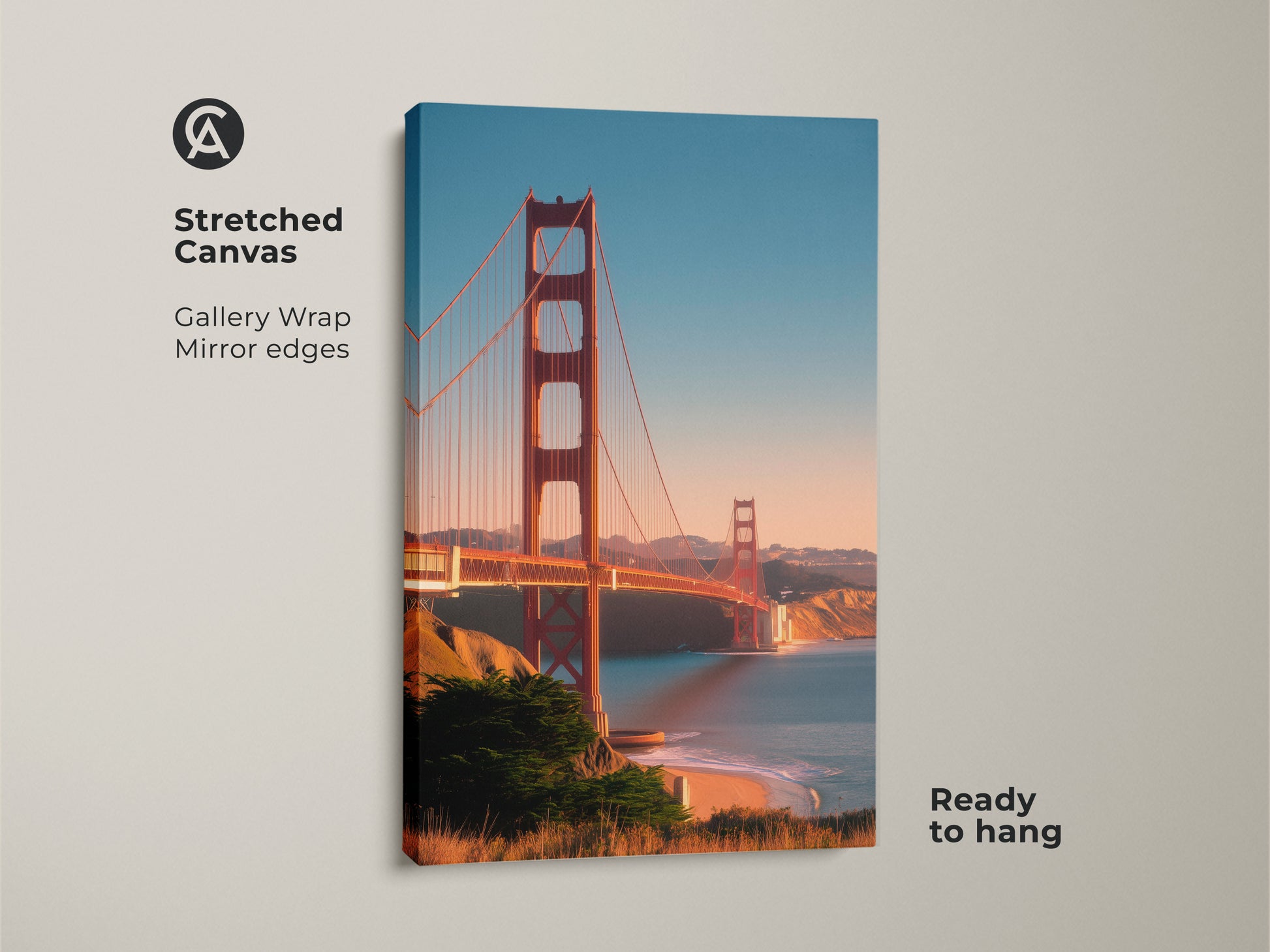 Stretched Canvas of the Golden Gate Bridge. This San Francisco cityscape print captures the ocean view. Ready to hang coastal wall art adds travel photography decor to your space. The red bridge artwork shows a Bay Area landscape.