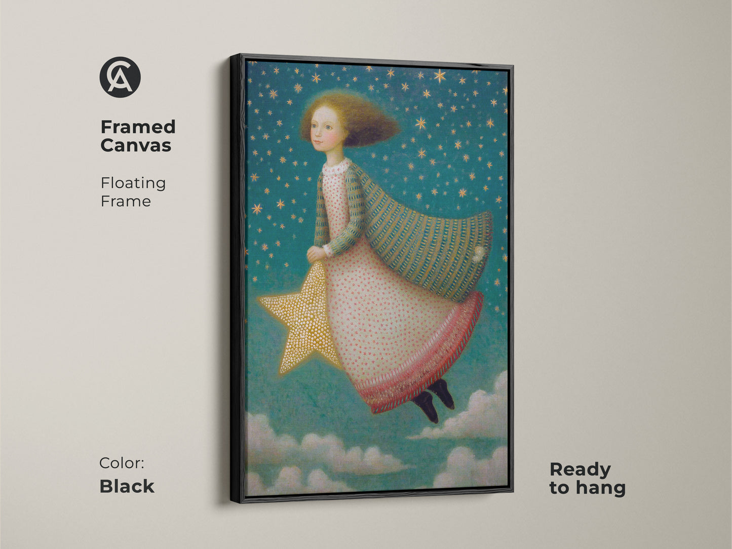 A dreamy girl rides a gold star through a teal starry sky in this framed canvas art. The black floating frame enhances the celestial nursery art. This kids room wall decor is ready to hang. A magical fantasy artwork and a thoughtful gift for young dreamers.