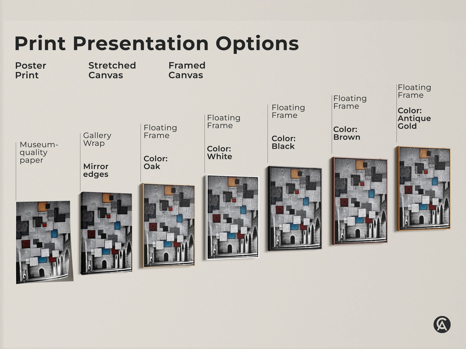 This image displays Print Presentation Options. It shows poster prints stretched canvases and framed canvases. Each features abstract geometric artwork in various frame colors. Find museum-quality art here.