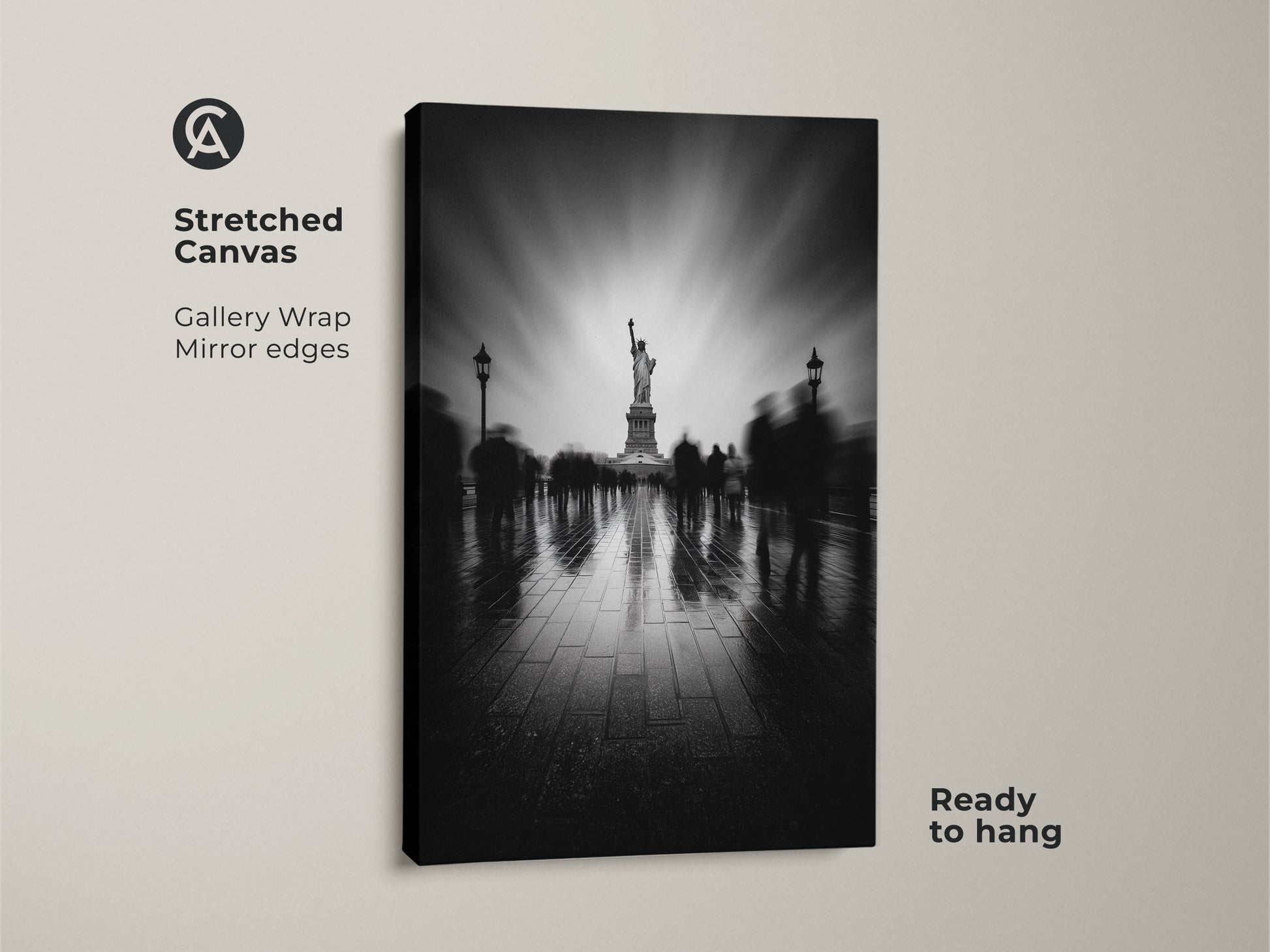 A stretched canvas featuring a black and white NYC print of the Statue of Liberty. Gallery wrapped with mirrored edges it's ready to hang. This cityscape wall art showcases the iconic landmark with blurred figures. It's perfect contemporary decor for a modern apartment offering a monochrome urban landscape.