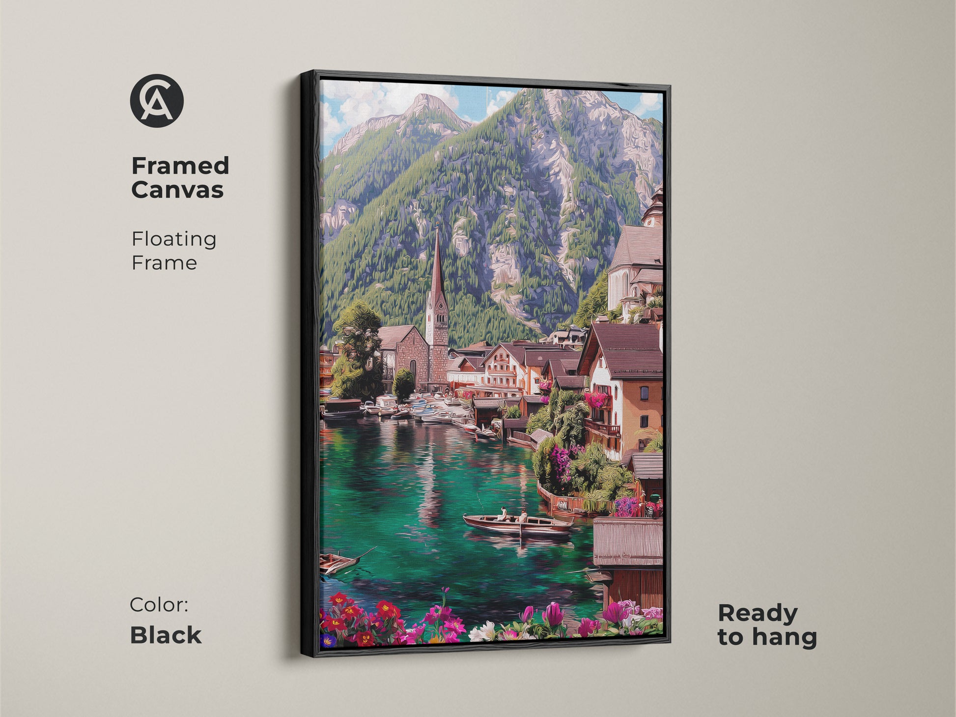 Framed canvas featuring a teal lake village with a black floating frame. This ready to hang scenic artwork captures an impressionistic mountain landscape. The European town wall art adds a touch of tranquility to your home. The blue green water complements the picturesque view.