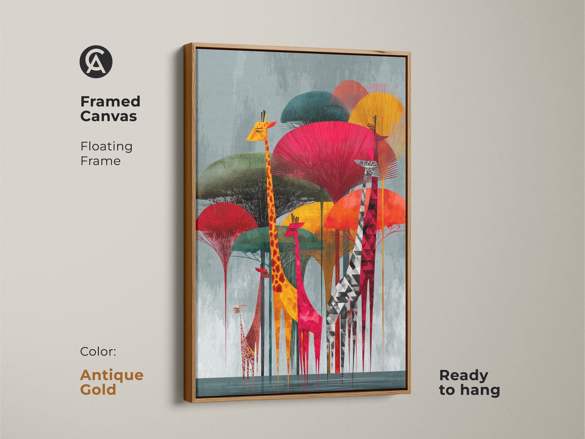 Framed canvas showcasing the Geometric Giraffe artwork with a floating antique gold frame. This modern folk art decor is ready to hang. The abstract animal print brings a colorful safari to any room. A perfect addition to modern living room art. A unique animal wall decor.
