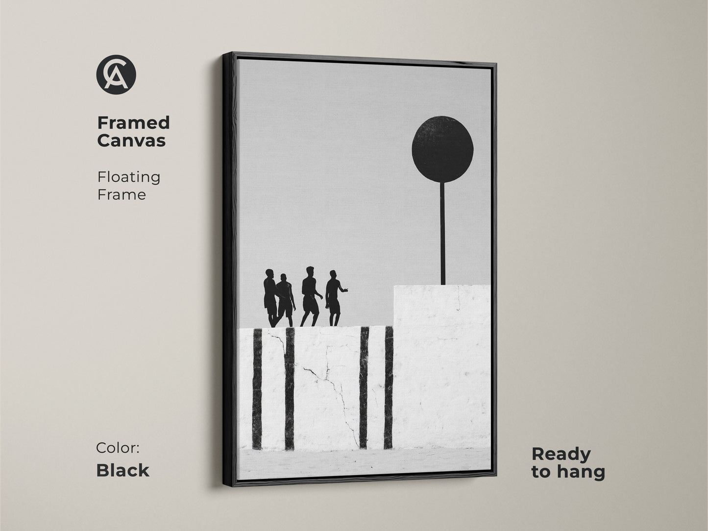 Framed canvas featuring modern abstract artwork with a floating black frame. Ready to hang the monochrome figures with black sphere provide a minimalist home decor look. The contemporary figurative art will enhance any space.