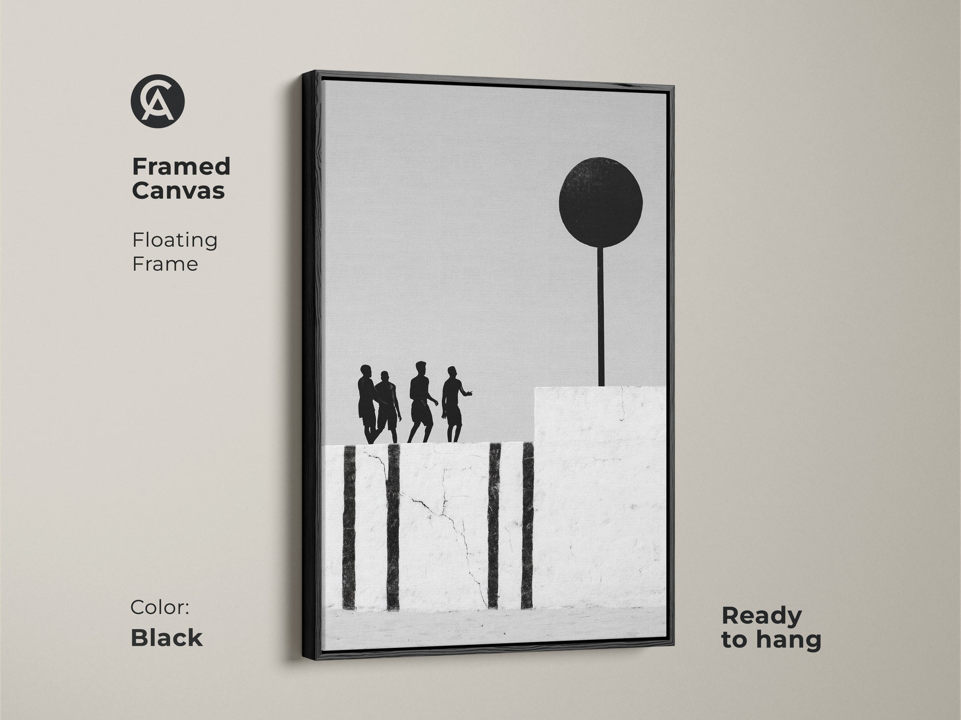 Framed canvas featuring modern abstract artwork with a floating black frame. Ready to hang the monochrome figures with black sphere provide a minimalist home decor look. The contemporary figurative art will enhance any space.