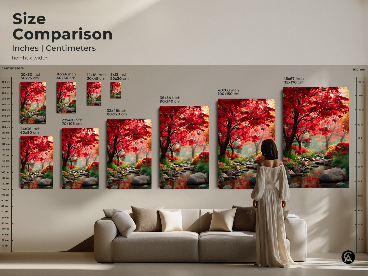 Size comparison of our forest stream artwork. View canvas and poster prints in various dimensions. Imagine the artwork above your sofa. The vibrant red trees create a focal point in any room size. Find your perfect fit.