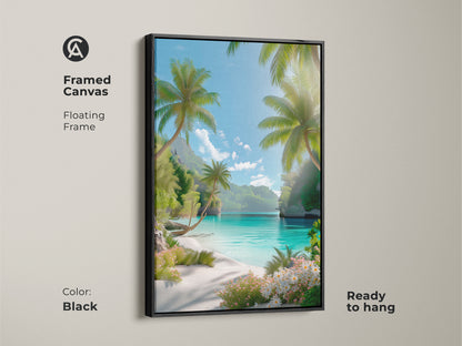 Framed canvas artwork of a serene beach. A black floating frame enhances the tropical view. Palm trees and clear waters invite relaxation. This ready-to-hang piece adds a touch of coastal beauty to your home decor.