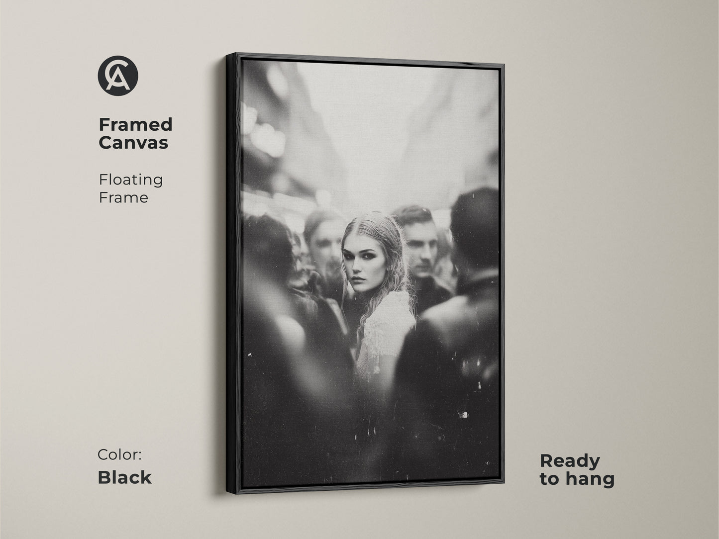 Elevate your space with framed black and white wall art. This monochrome street photography features a woman's portrait. The floating frame adds a touch of sophistication. Ready to hang in your bedroom or living room. Perfect for contemporary aesthetic home decor. The black frame enhances the urban fine art print.