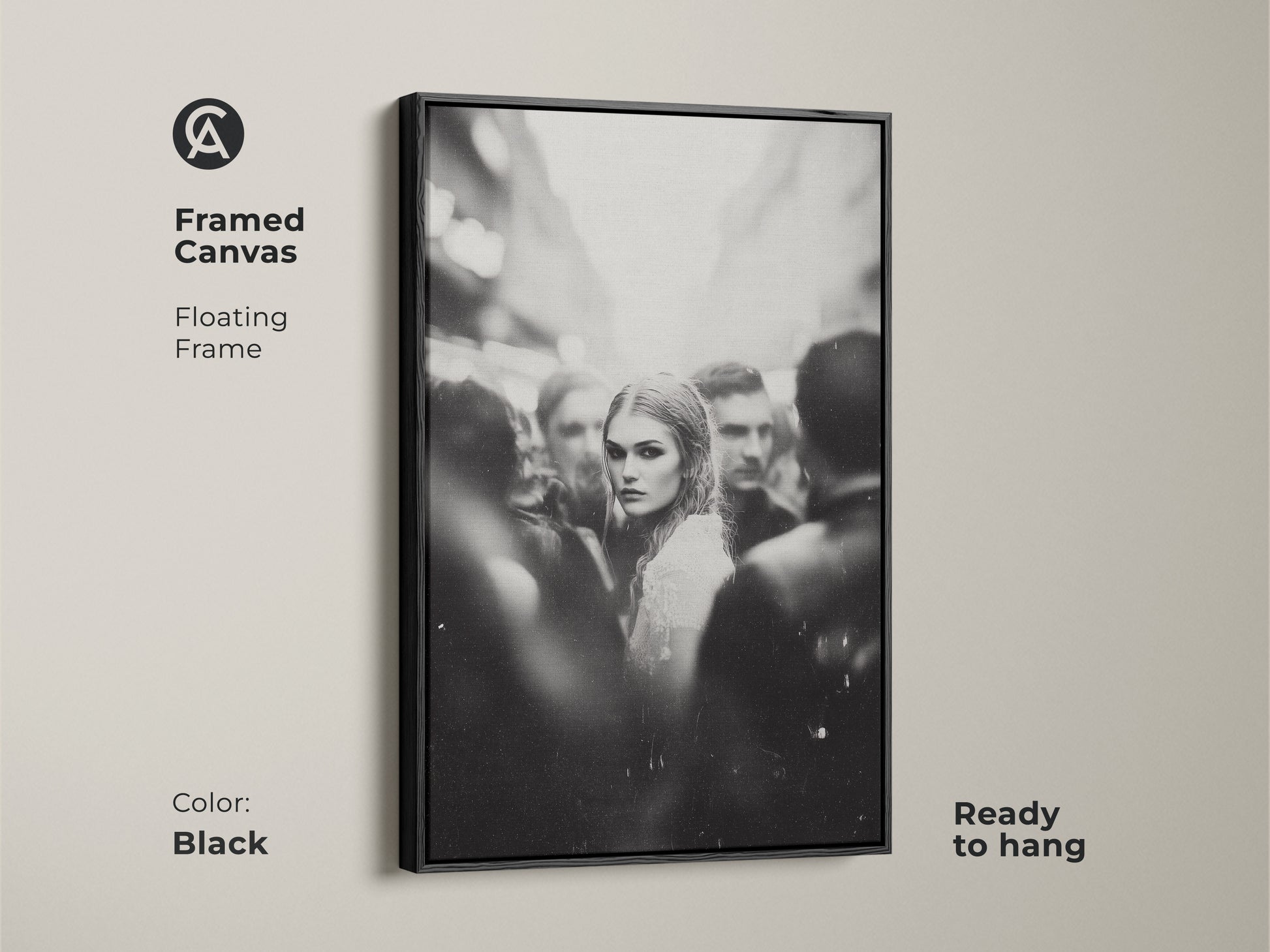 Elevate your space with framed black and white wall art. This monochrome street photography features a woman's portrait. The floating frame adds a touch of sophistication. Ready to hang in your bedroom or living room. Perfect for contemporary aesthetic home decor. The black frame enhances the urban fine art print.