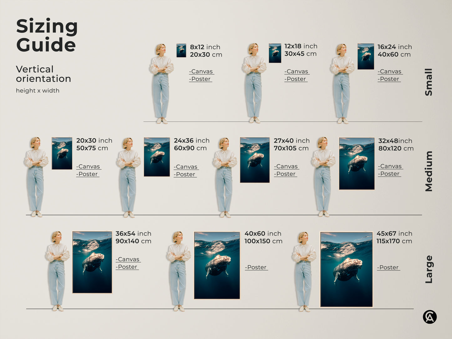 Sizing guide for vertical coastal ocean whale art. Find the perfect fit for your space. Available as canvas or poster. Small medium and large sizes are available. Enhance your home with this underwater humpback photography.