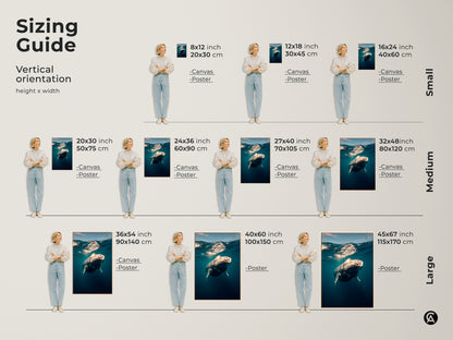 Sizing guide for vertical coastal ocean whale art. Find the perfect fit for your space. Available as canvas or poster. Small medium and large sizes are available. Enhance your home with this underwater humpback photography.