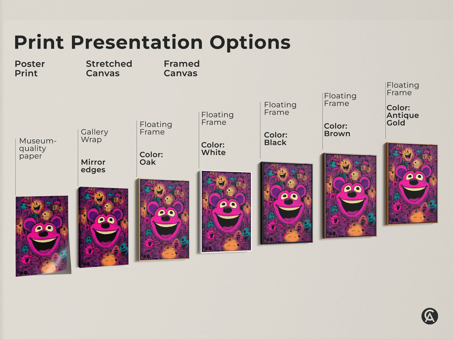 Explore art print presentation options. See the cheerful teddy bear artwork in poster print stretched canvas and framed canvas formats. Choose the perfect style to showcase this colorful pop art in your space.