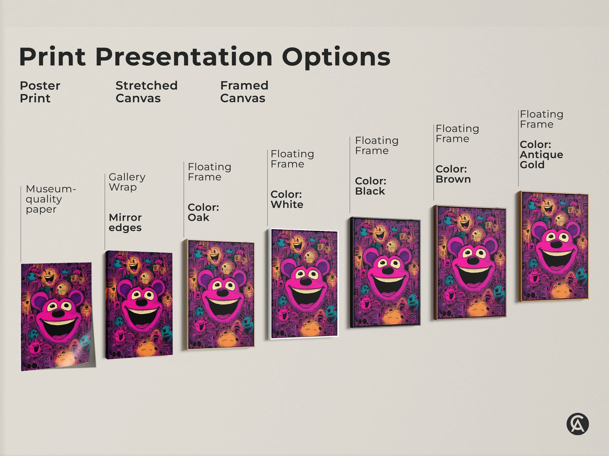 Explore art print presentation options. See the cheerful teddy bear artwork in poster print stretched canvas and framed canvas formats. Choose the perfect style to showcase this colorful pop art in your space.
