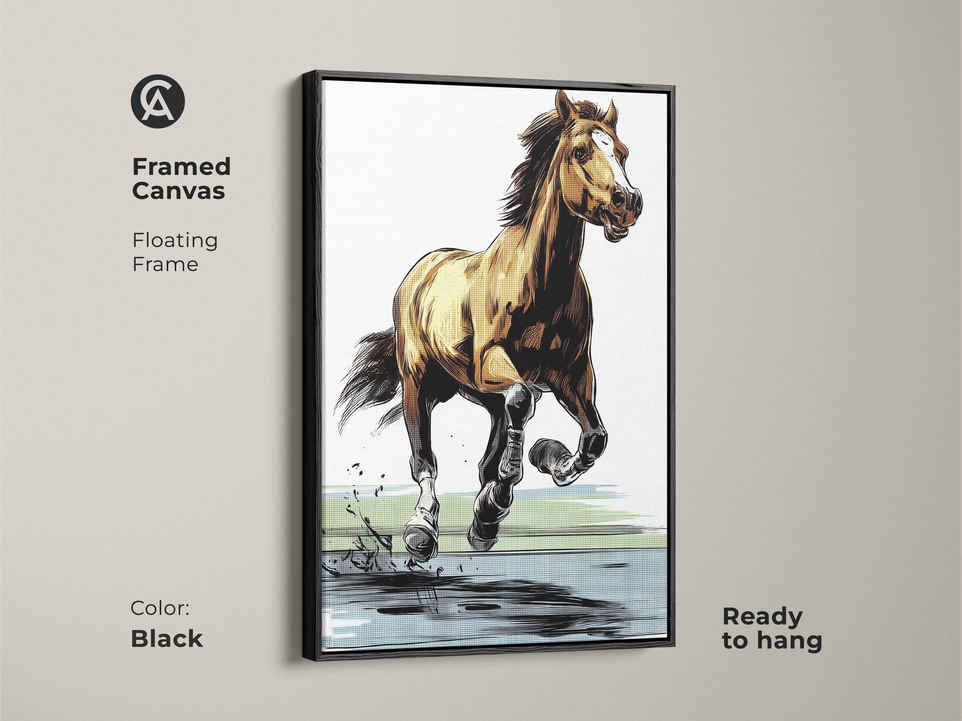 Framed canvas with a black floating frame showcasing a galloping horse art print. This modern horse sketch is ready to hang. The animal wildlife art features brown yellow and blue tones. It is a perfect graphic art print for equestrian wall art or stable decor art.