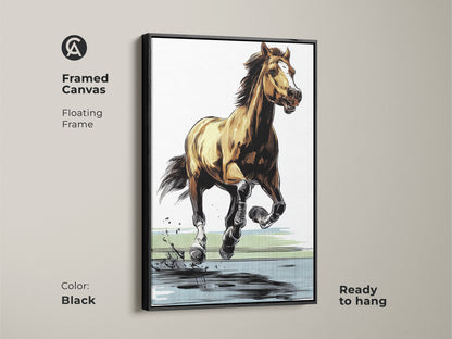 Framed canvas with a black floating frame showcasing a galloping horse art print. This modern horse sketch is ready to hang. The animal wildlife art features brown yellow and blue tones. It is a perfect graphic art print for equestrian wall art or stable decor art.