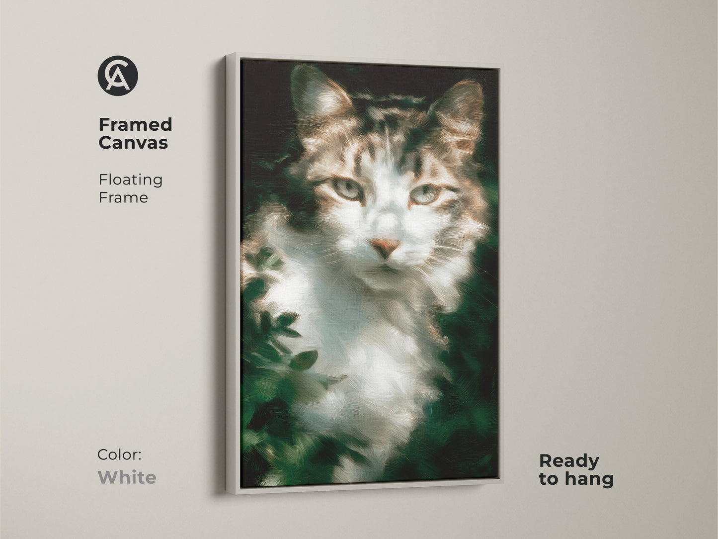Framed canvas print displaying a tabby cat artwork with a floating white frame. Ready to hang. This feline art complements any decor style. Perfect for cat lovers seeking versatile and stylish home accents.