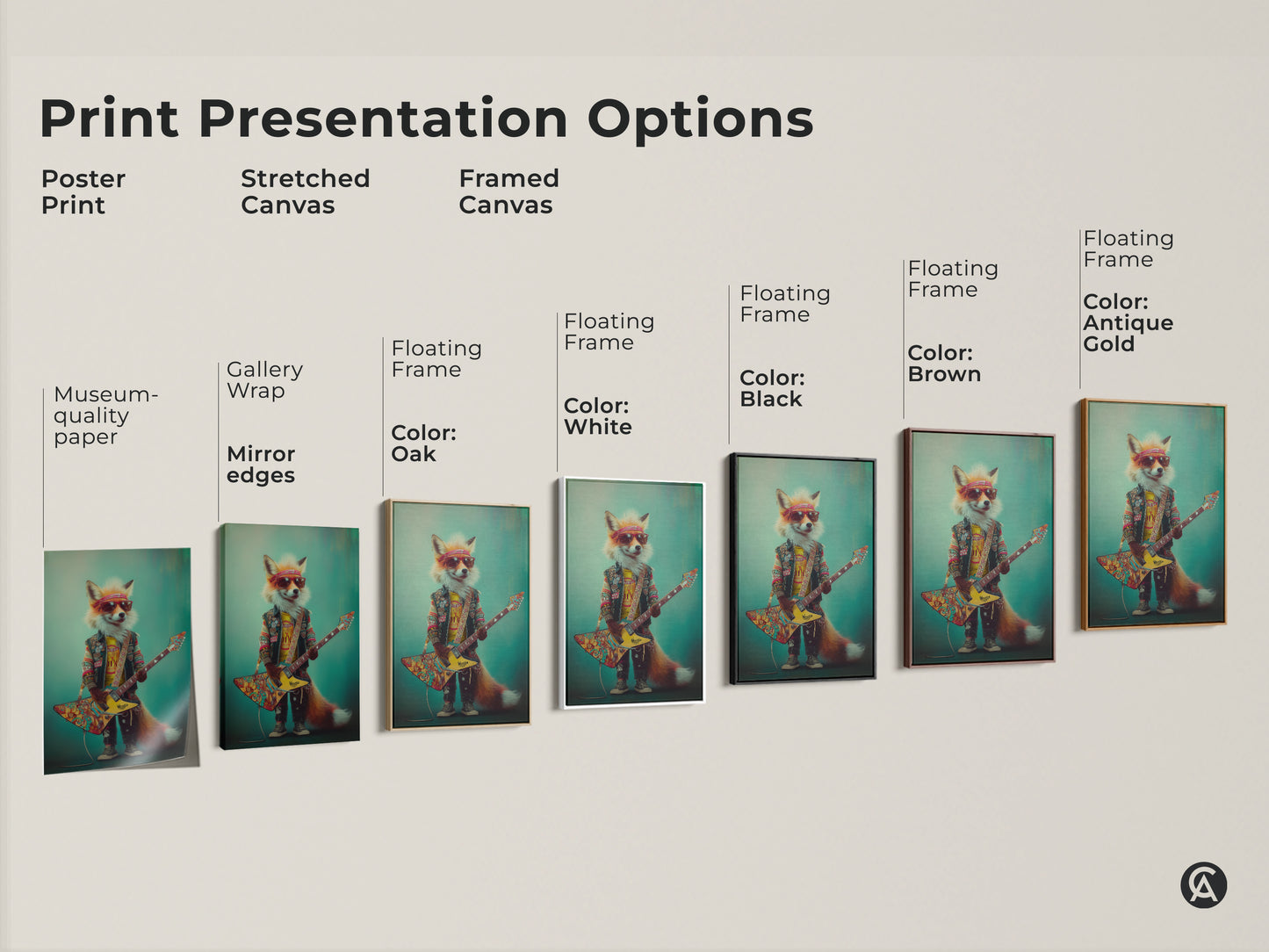 Presentation options for the Psychedelic Fox Guitarist Art Print. This includes poster stretch canvas & framed canvas. Each format showcases the vibrant colors and retro style. Options include black and white oak.