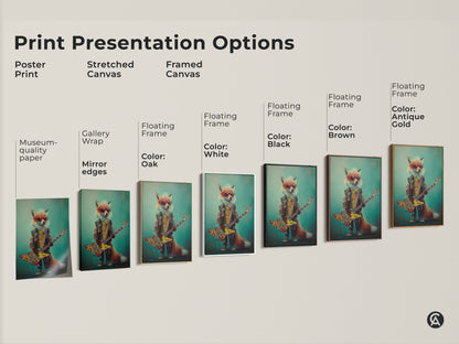 Presentation options for the Psychedelic Fox Guitarist Art Print. This includes poster stretch canvas & framed canvas. Each format showcases the vibrant colors and retro style. Options include black and white oak.