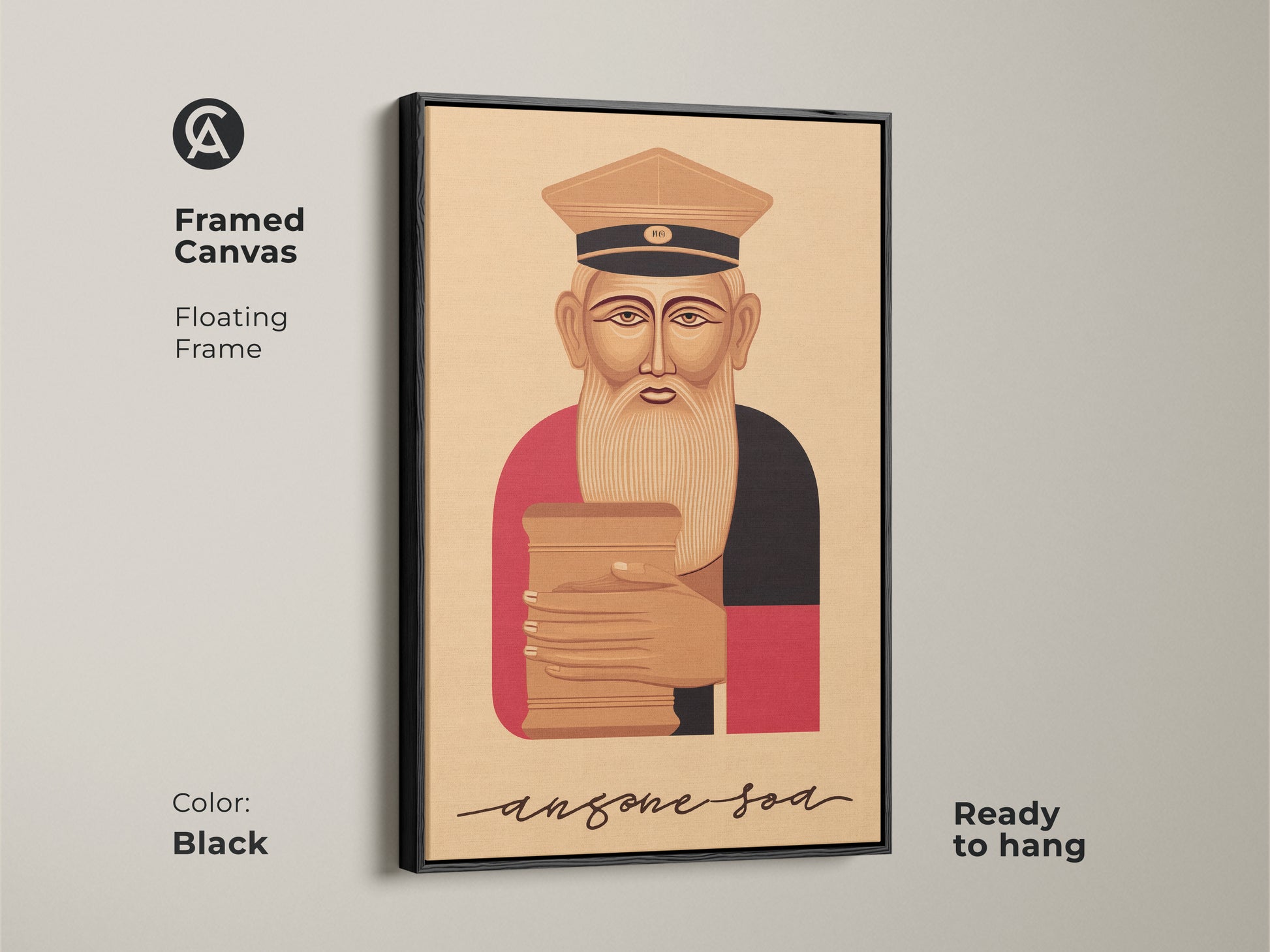 Framed canvas in black showcasing a retro Reading Man art. The floating frame highlights this vintage man reading a book. Ready to hang this tan brown and red art adds an eclectic touch to any office. A perfect birthday gift for a reader man.