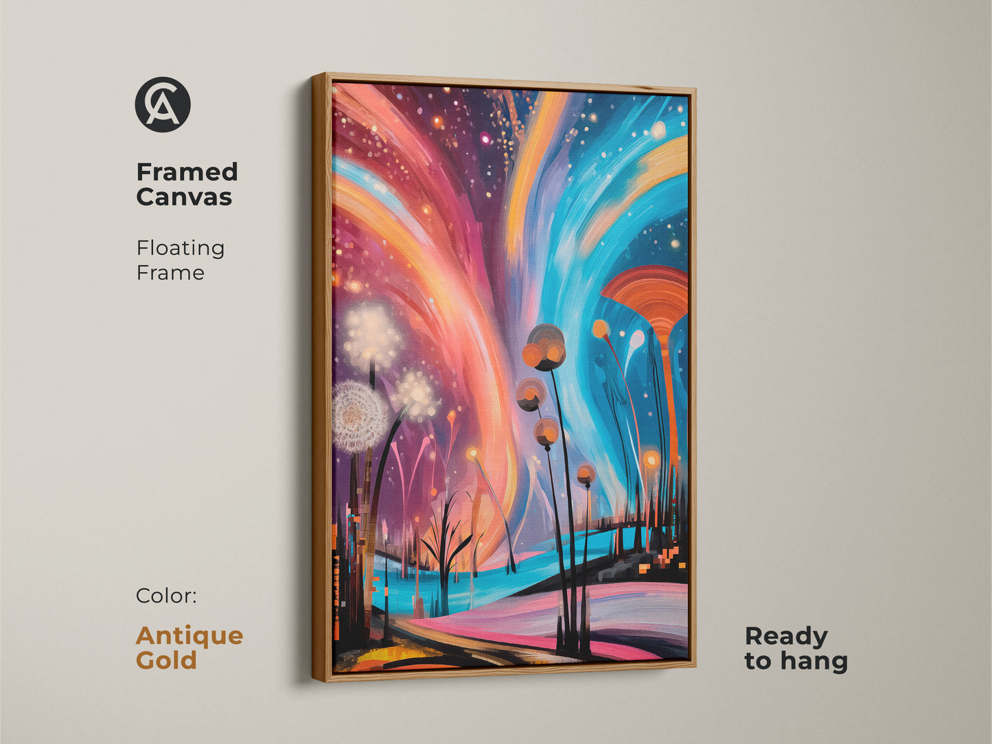 An antique gold frame enhances the abstract dandelion canvas print. The fantasy nature artwork uses warm oranges and cool blues. The deep purples accent the colorful abstract canvas. This abstract plant wall art comes ready to hang. It would make a great art lovers birthday gift.