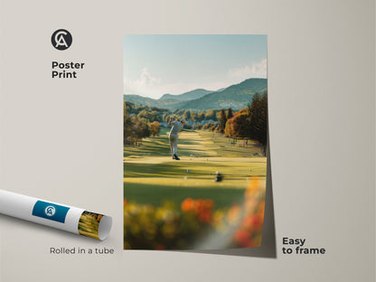Poster print features a golfer in action on a vibrant green golf course. This easy-to-frame art is rolled in a tube for protection. The artwork captures the beauty of the sport and the landscape. It is ideal for adding a sporty touch to your decor and is perfect for golf fans.