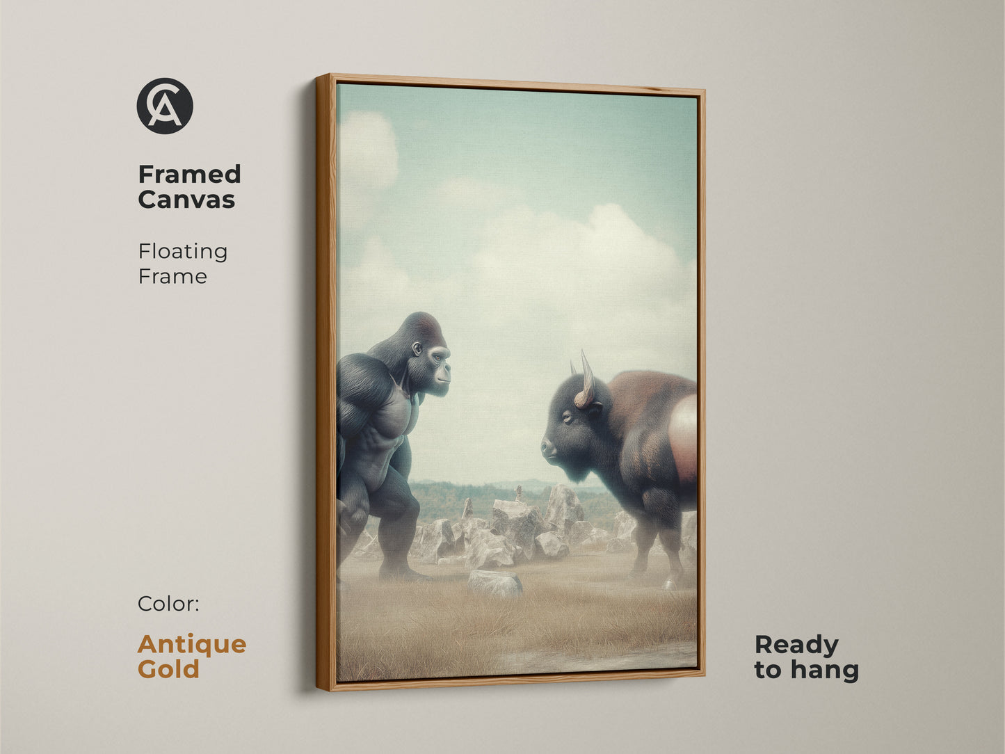Framed canvas presenting a surreal Gorilla vs Bison digital art. The floating frame is antique gold. Muted greens and earthy tones offer an eclectic touch. It's ready to hang. Ideal for unique office workplace decor.