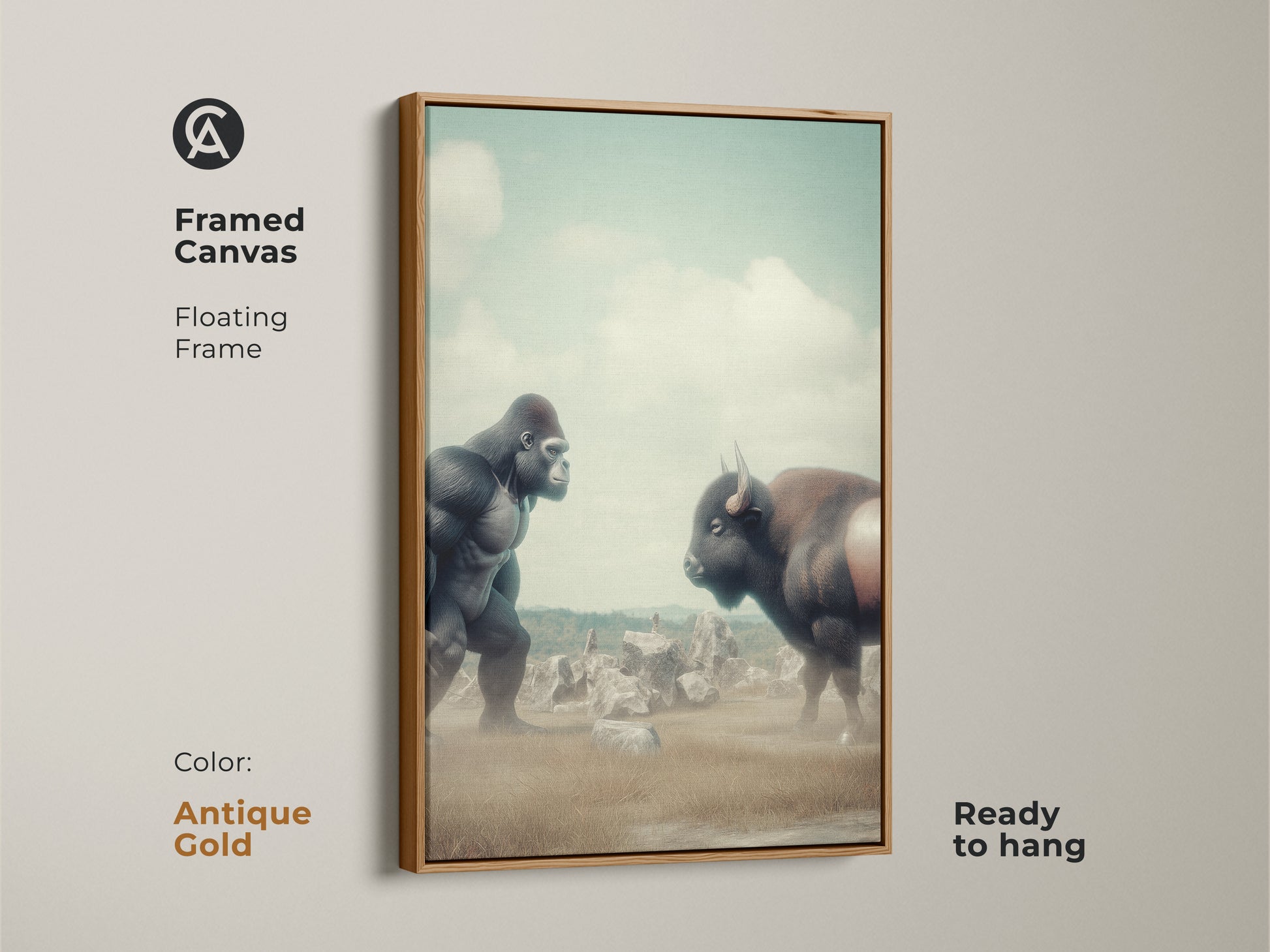 Framed canvas presenting a surreal Gorilla vs Bison digital art. The floating frame is antique gold. Muted greens and earthy tones offer an eclectic touch. It's ready to hang. Ideal for unique office workplace decor.