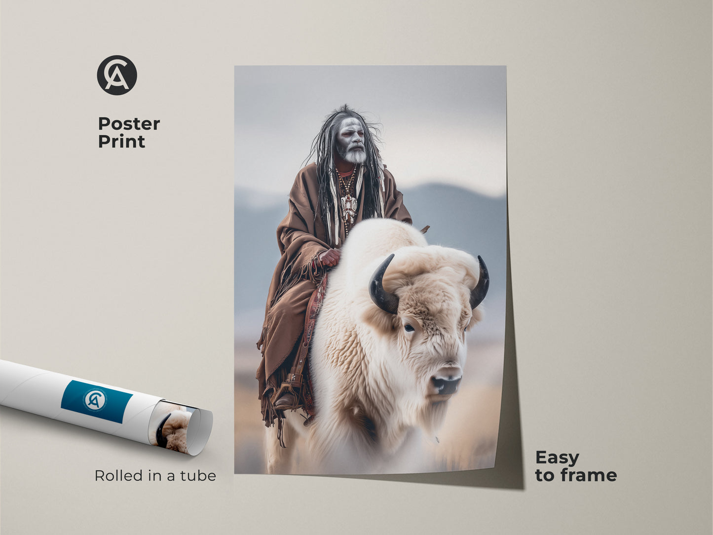 Poster print of a Native American man riding a white buffalo. The artwork is rolled in a tube for easy framing. The print captures the spirit of Native American heritage. Perfect for art lovers seeking cultural wall decor. Discover our unique poster art selection today.