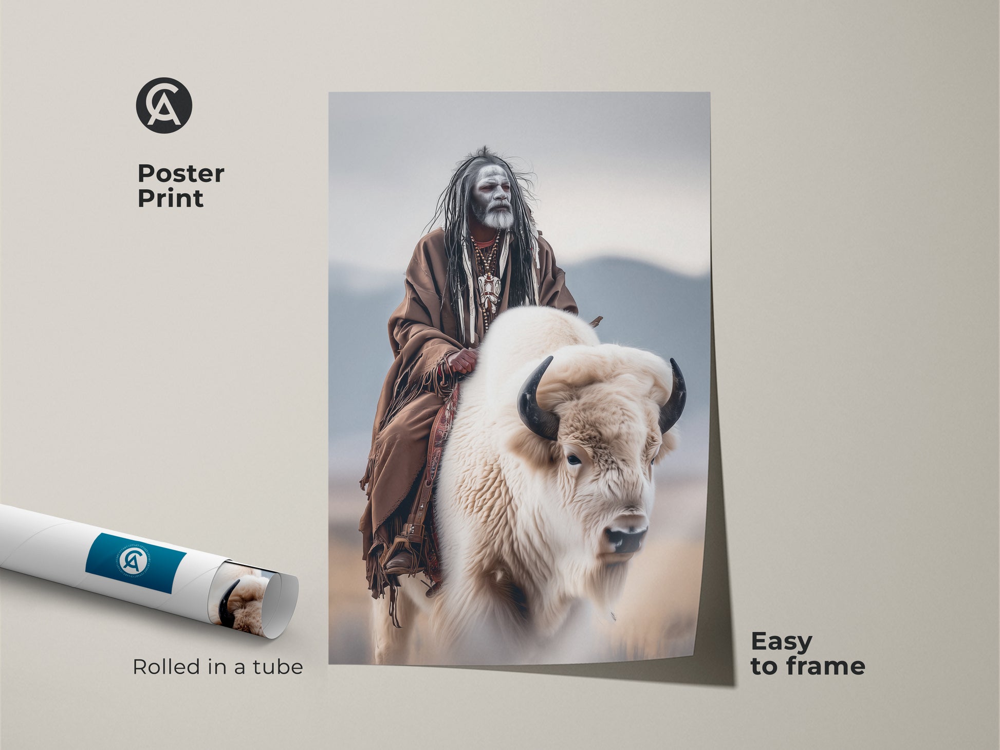 Poster print of a Native American man riding a white buffalo. The artwork is rolled in a tube for easy framing. The print captures the spirit of Native American heritage. Perfect for art lovers seeking cultural wall decor. Discover our unique poster art selection today.