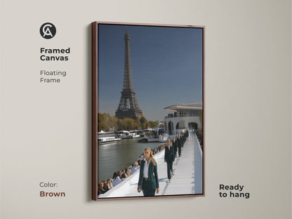 Eiffel Tower cityscape canvas artwork in a brown floating frame. It shows a Parisian fashion runway and show. This contemporary piece features sky blue and deep green tones. It offers haute couture and Parisian elegance to your home or workspace. Perfect for chic entryway decor or modern office wall art.