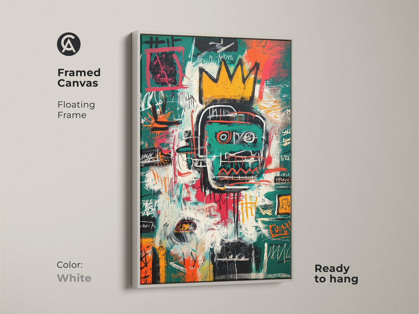 Framed canvas print with a white floating frame. This Basquiat-inspired artwork showcases an abstract portrait with bold colors. Ready to hang. This modern art piece complements any room. Buy Now