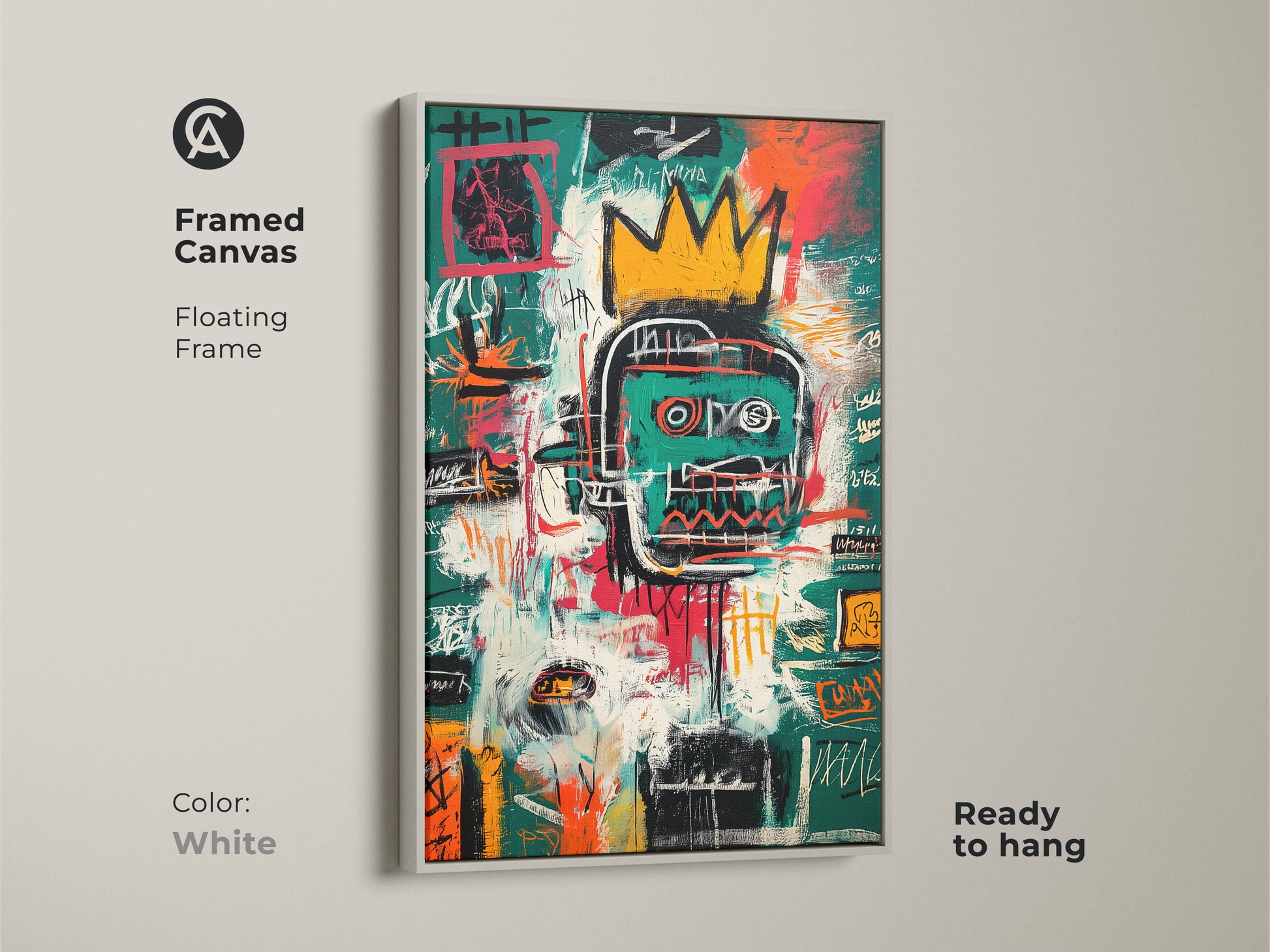 Framed canvas print with a white floating frame. This Basquiat-inspired artwork showcases an abstract portrait with bold colors. Ready to hang. This modern art piece complements any room. Buy Now