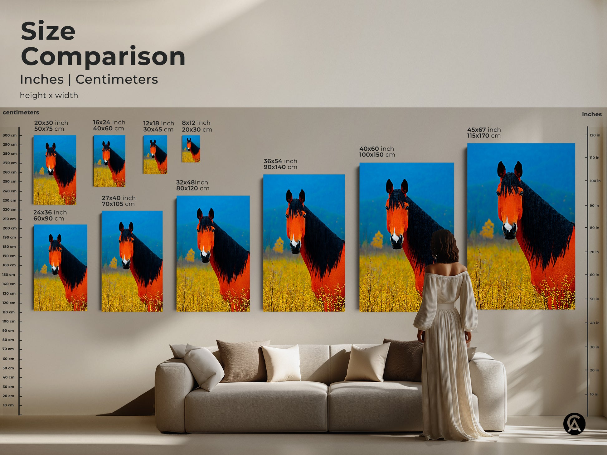 Size comparison of the vibrant orange and blue horse artwork on canvas. See how each size transforms living spaces. From small accents to large statement pieces this animal art will elevate any space. It's perfect farmhouse decor