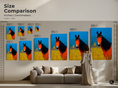 Size comparison of the vibrant orange and blue horse artwork on canvas. See how each size transforms living spaces. From small accents to large statement pieces this animal art will elevate any space. It's perfect farmhouse decor