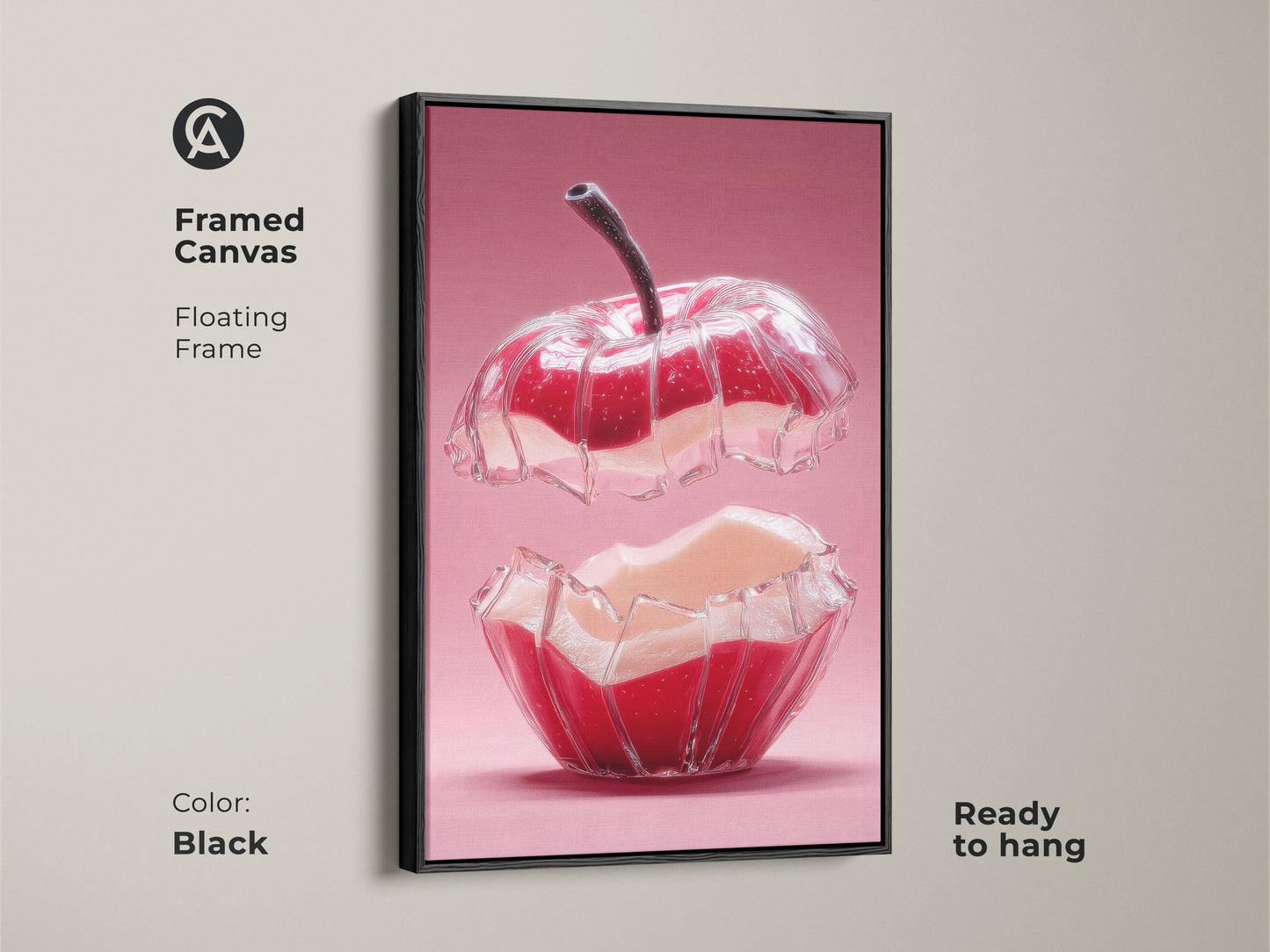 Framed canvas showcasing abstract red apple art. The black floating frame enhances the modern kitchen wall art. This contemporary home decor is ready to hang. A surreal pink artwork adding a unique touch. A perfect foodie gift for a stylish kitchen.