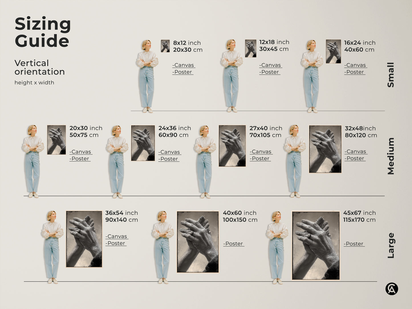 Sizing guide for intertwined hands art. See how different sizes fit various spaces. Available as canvas and poster prints. Choose from small medium or large sizes to complement your bedroom or living room decor.