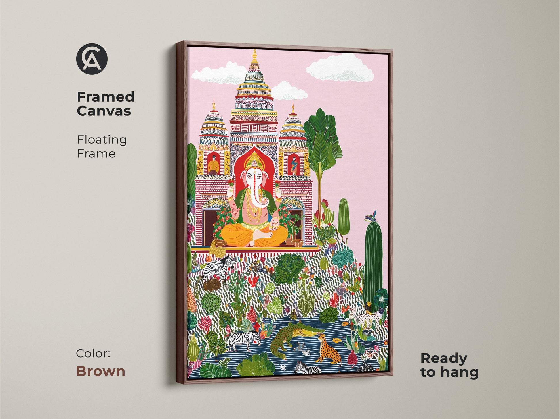 Framed canvas displaying Ganesha folk art with a brown floating frame. This spiritual housewarming gift showcases eclectic zebra prints. Ready to hang and full of color its vibrant botanical art complements any space. Add a cultural touch with this religious Ganesha wall art